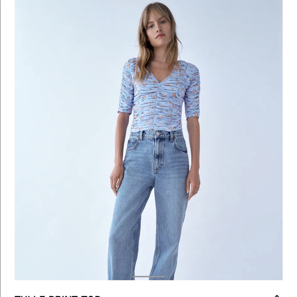 Zara Pastel Blue floral ruched top